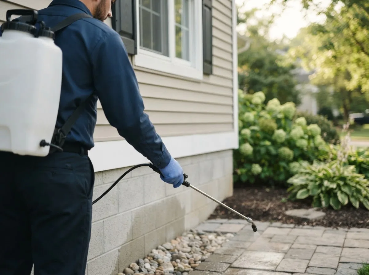 Pest control technician inspecting a home in Ashburn, MO